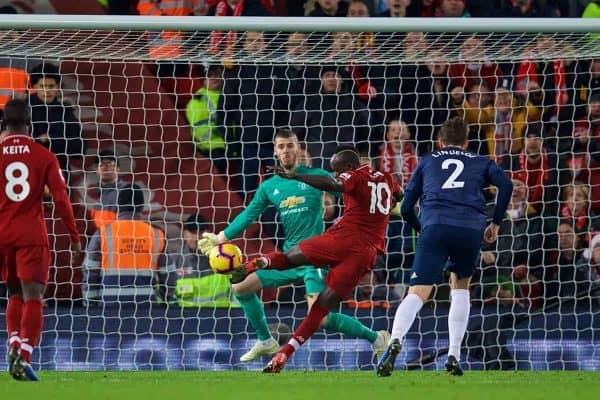 LIVERPOOL, ENGLAND - Sunday, December 16, 2018: Liverpool's Sadio Mane scores the first goal past Manchester United's goalkeeper David de Gea during the FA Premier League match between Liverpool FC and Manchester United FC at Anfield. Liverpool won 3-1. (Pic by David Rawcliffe/Propaganda)