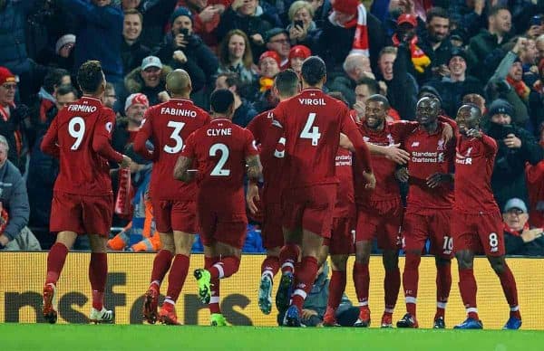 LIVERPOOL, ENGLAND - Sunday, December 16, 2018: Liverpool's Sadio Mane (2nd from R) celebrates scoring the first goal with team-mates during the FA Premier League match between Liverpool FC and Manchester United FC at Anfield. (Pic by David Rawcliffe/Propaganda)