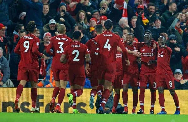 LIVERPOOL, ENGLAND - Sunday, December 16, 2018: Liverpool's Sadio Mane (2nd from R) celebrates scoring the first goal with team-mates during the FA Premier League match between Liverpool FC and Manchester United FC at Anfield. (Pic by David Rawcliffe/Propaganda)