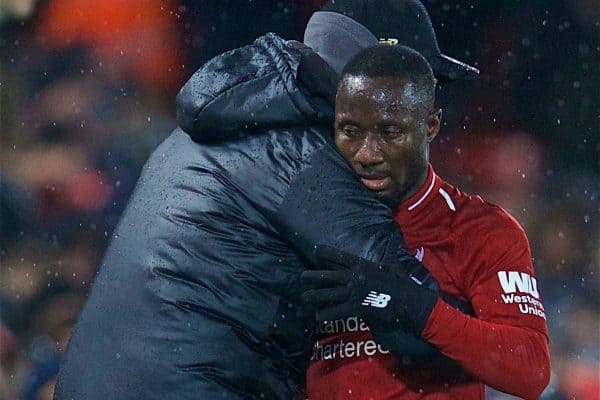 LIVERPOOL, ENGLAND - Sunday, December 16, 2018: Liverpool's Naby Keita embraces with manager J¸rgen Klopp after being substituted during the FA Premier League match between Liverpool FC and Manchester United FC at Anfield. (Pic by David Rawcliffe/Propaganda)