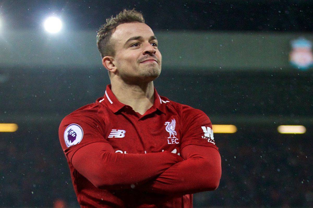 LIVERPOOL, ENGLAND - Sunday, December 16, 2018: Liverpool's substitute Xherdan Shaqiri celebrates scoring the second goal during the FA Premier League match between Liverpool FC and Manchester United FC at Anfield. Liverpool won 3-1. (Pic by David Rawcliffe/Propaganda)