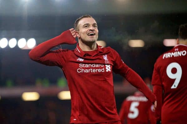 LIVERPOOL, ENGLAND - Sunday, December 16, 2018: Liverpool's Xherdan Shaqiri celebrates scoring the third goal, his second, during the FA Premier League match between Liverpool FC and Manchester United FC at Anfield. Liverpool won 3-1. (Pic by David Rawcliffe/Propaganda)