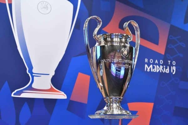 NYON, SWITZERLAND - Monday, December 17, 2018: The European Cup trophy on display during the UEFA Champions League 2018/19 Round of 16 draw at the UEFA House of European Football. (Handout by UEFA)