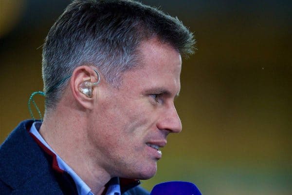 WOLVERHAMPTON, ENGLAND - Friday, December 21, 2018: Former Liverpool player Jamie Carragher working for Sky Sports before the FA Premier League match between Wolverhampton Wanderers FC and Liverpool FC at Molineux Stadium. (Pic by David Rawcliffe/Propaganda)