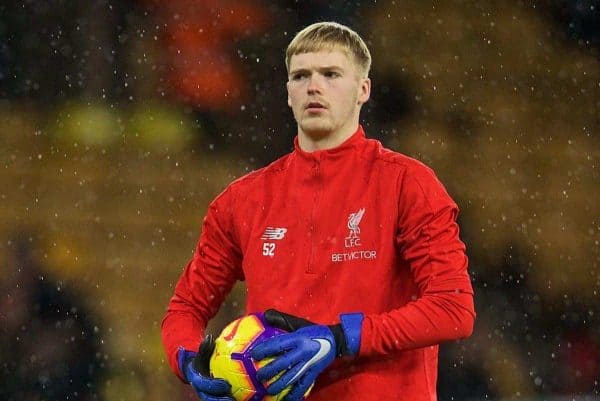 WOLVERHAMPTON, ENGLAND - Friday, December 21, 2018: Liverpool's goalkeeper Caoimhin Kelleher during the pre-match warm-up before the FA Premier League match between Wolverhampton Wanderers FC and Liverpool FC at Molineux Stadium. (Pic by David Rawcliffe/Propaganda)