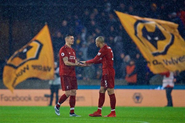 WOLVERHAMPTON, ENGLAND - Friday, December 21, 2018: Liverpool's Dejan Lovren and Fabio Henrique Tavares 'Fabinho' during the FA Premier League match between Wolverhampton Wanderers FC and Liverpool FC at Molineux Stadium. (Pic by David Rawcliffe/Propaganda)