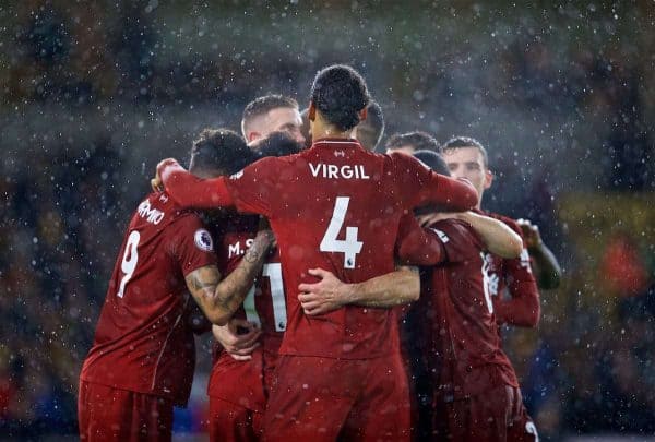 WOLVERHAMPTON, ENGLAND - Friday, December 21, 2018: Liverpool players celebrate the first goal scored by Mohamed Salah (#11) during the FA Premier League match between Wolverhampton Wanderers FC and Liverpool FC at Molineux Stadium. (Pic by David Rawcliffe/Propaganda)