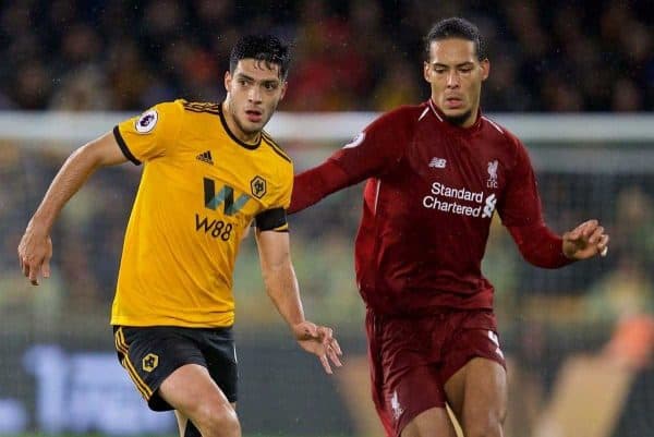 WOLVERHAMPTON, ENGLAND - Friday, December 21, 2018: Wolverhampton Wanderers' Raúl Jiménez and Liverpool's Virgil van Dijk (R) during the FA Premier League match between Wolverhampton Wanderers FC and Liverpool FC at Molineux Stadium. (Pic by David Rawcliffe/Propaganda)