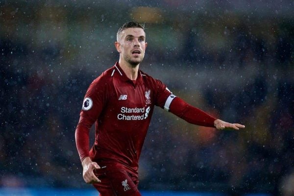 WOLVERHAMPTON, ENGLAND - Friday, December 21, 2018: Liverpool's captain Jordan Henderson during the FA Premier League match between Wolverhampton Wanderers FC and Liverpool FC at Molineux Stadium. (Pic by David Rawcliffe/Propaganda)