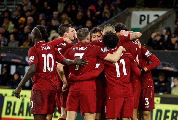 WOLVERHAMPTON, ENGLAND - Friday, December 21, 2018: Liverpool's Virgil van Dijk (hidden) celebrates scoring the second goal with team-mates during the FA Premier League match between Wolverhampton Wanderers FC and Liverpool FC at Molineux Stadium. Liverpool won 2-0. (Pic by David Rawcliffe/Propaganda)