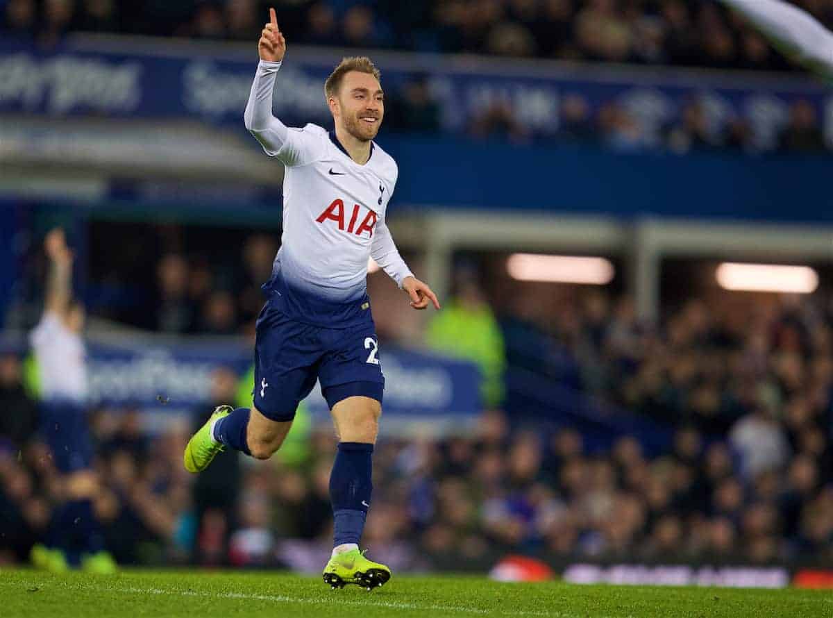 LIVERPOOL, ENGLAND - Sunday, December 23, 2018: Tottenham Hotspur's Christian Eriksen celebrates scoring the fourth goal during the FA Premier League match between Everton FC and Tottenham Hotspur FC at Goodison Park. (Pic by David Rawcliffe/Propaganda)