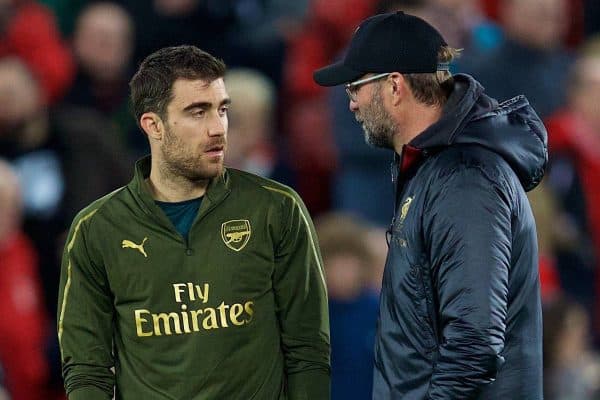 LIVERPOOL, ENGLAND - Saturday, December 29, 2018: Liverpool's manager Jürgen Klopp chats with Arsenal's Sokratis Papastathopoulos before the FA Premier League match between Liverpool FC and Arsenal FC at Anfield. (Pic by David Rawcliffe/Propaganda)