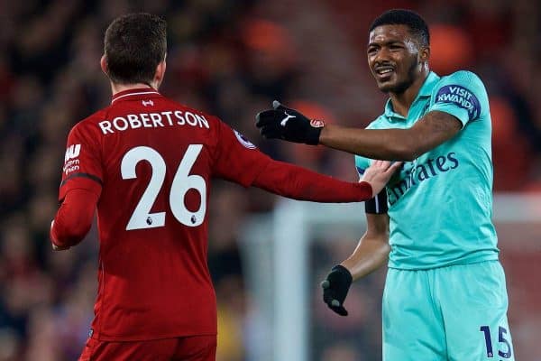 LIVERPOOL, ENGLAND - Saturday, December 29, 2018: Arsenal's Ainsley Maitland-Niles (R) and Liverpool's Andy Robertson during the FA Premier League match between Liverpool FC and Arsenal FC at Anfield. (Pic by David Rawcliffe/Propaganda)