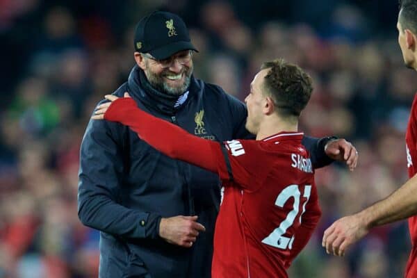 LIVERPOOL, ENGLAND - Saturday, December 29, 2018: Liverpool's manager Jürgen Klopp celebrates with Xherdan Shaqiri after the 5-1 victory during the FA Premier League match between Liverpool FC and Arsenal FC at Anfield. (Pic by David Rawcliffe/Propaganda)