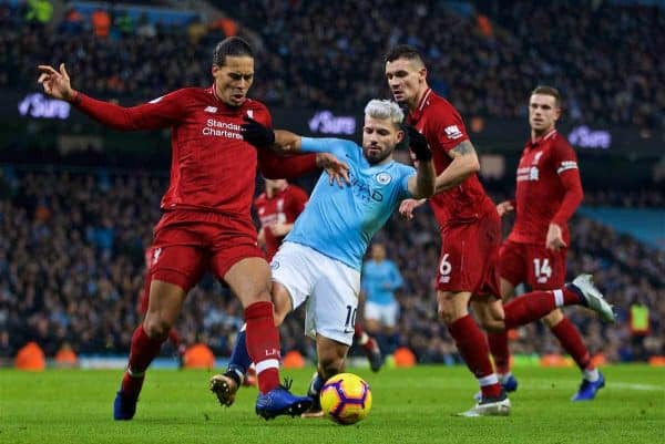 MANCHESTER, ENGLAND - Thursday, January 3, 2019: Liverpool's Virgil van Dijk (L), Dejan Lovren (R) and Manchester City's Sergio Aguero (C) during the FA Premier League match between Manchester City FC and Liverpool FC at the Etihad Stadium. (Pic by David Rawcliffe/Propaganda)