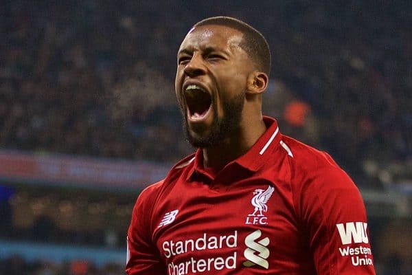 MANCHESTER, ENGLAND - Thursday, January 3, 2019: Liverpool's Georginio Wijnaldum celebrates his side first equalising goal during the FA Premier League match between Manchester City FC and Liverpool FC at the Etihad Stadium. (Pic by David Rawcliffe/Propaganda)