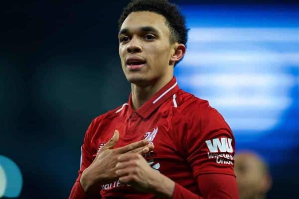 MANCHESTER, ENGLAND - Thursday, January 3, 2019: Liverpool's Trent Alexander-Arnold during the FA Premier League match between Manchester City FC and Liverpool FC at the Etihad Stadium. (Pic by David Rawcliffe/Propaganda)