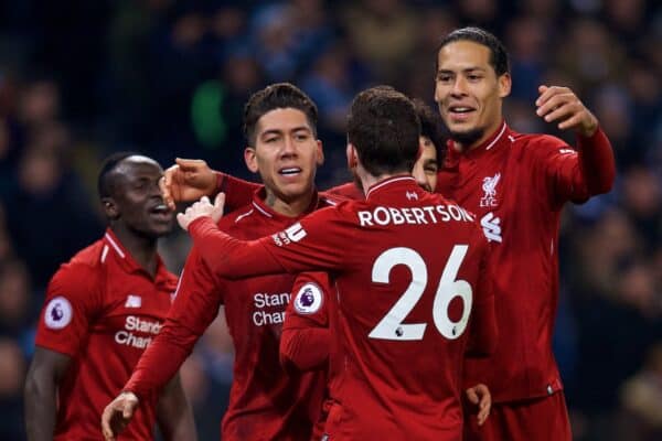 MANCHESTER, ENGLAND - Thursday, January 3, 2019: Liverpool's Roberto Firmino celebrates scoring the first equalising goal with team-mates during the FA Premier League match between Manchester City FC and Liverpool FC at the Etihad Stadium. (Pic by David Rawcliffe/Propaganda)