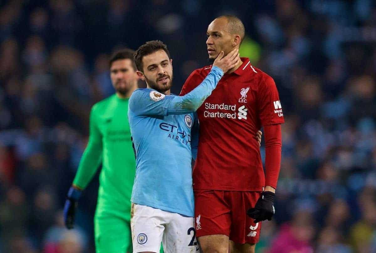 MANCHESTER, ENGLAND - Thursday, January 3, 2019: Manchester City's Bernardo Silva (L) and Liverpool's Fabio Henrique Tavares 'Fabinho' after the FA Premier League match between Manchester City FC and Liverpool FC at the Etihad Stadium. Manchester City won 2-1. (Pic by David Rawcliffe/Propaganda)