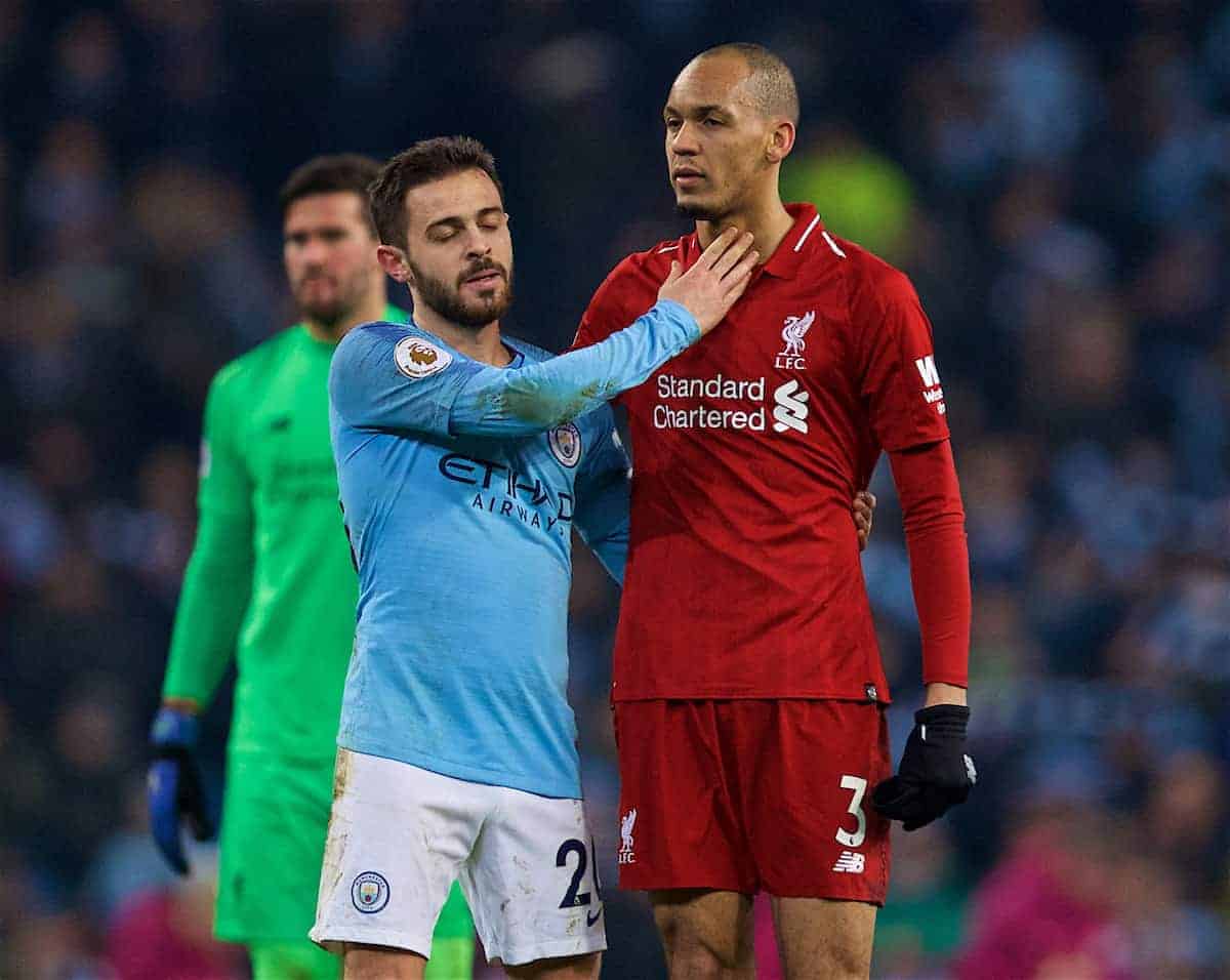 MANCHESTER, ENGLAND - Thursday, January 3, 2019: Manchester City's Bernardo Silva (L) and Liverpool's Fabio Henrique Tavares 'Fabinho' after the FA Premier League match between Manchester City FC and Liverpool FC at the Etihad Stadium. Manchester City won 2-1. (Pic by David Rawcliffe/Propaganda)