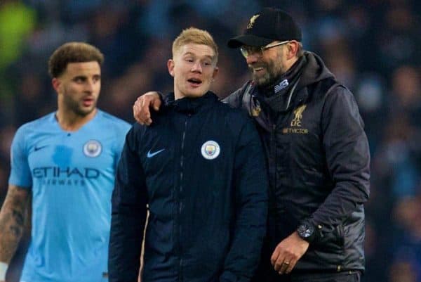 MANCHESTER, ENGLAND - Thursday, January 3, 2019: Liverpool's manager J¸rgen Klopp embraces Manchester City's Kevin De Bruyne after the FA Premier League match between Manchester City FC and Liverpool FC at the Etihad Stadium. (Pic by David Rawcliffe/Propaganda)