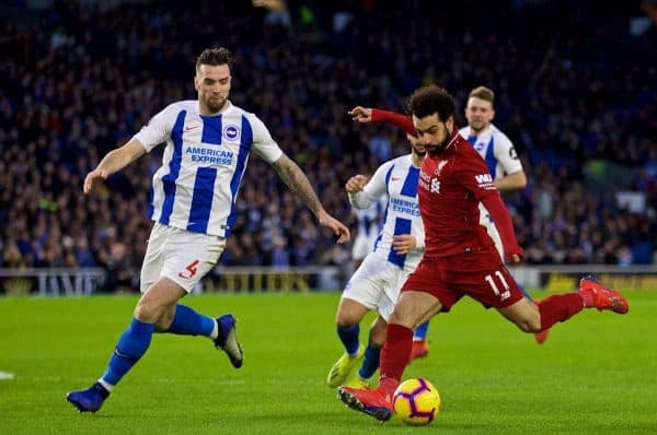 BRIGHTON AND HOVE, ENGLAND - Saturday, January 12, 2019: Liverpool's Mohamed Salah (R) and Brighton & Hove Albion's Shane Duffy during the FA Premier League match between Brighton & Hove Albion FC and Liverpool FC at the American Express Community Stadium. (Pic by David Rawcliffe/Propaganda)