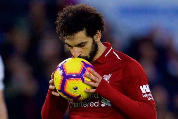 BRIGHTON AND HOVE, ENGLAND - Saturday, January 12, 2019: Liverpool's Mohamed Salah kisses the ball as he prepares to take a penalty kick during the FA Premier League match between Brighton & Hove Albion FC and Liverpool FC at the American Express Community Stadium. Liverpool won 1-0. (Pic by David Rawcliffe/Propaganda)