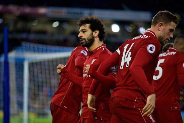 BRIGHTON AND HOVE, ENGLAND - Saturday, January 12, 2019: Liverpool's Mohamed Salah celebrates scoring the winning goal from a penalty kick during the FA Premier League match between Brighton & Hove Albion FC and Liverpool FC at the American Express Community Stadium. Liverpool won 1-0. (Pic by David Rawcliffe/Propaganda)