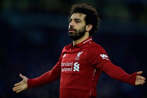 BRIGHTON AND HOVE, ENGLAND - Saturday, January 12, 2019: Liverpool's Mohamed Salah celebrates scoring the winning goal from a penalty kick during the FA Premier League match between Brighton & Hove Albion FC and Liverpool FC at the American Express Community Stadium. Liverpool won 1-0. (Pic by David Rawcliffe/Propaganda)