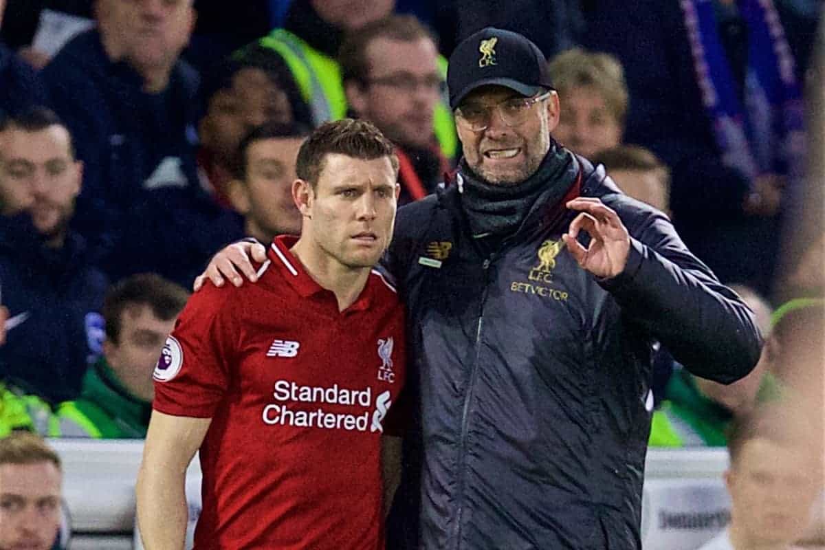 BRIGHTON AND HOVE, ENGLAND - Saturday, January 12, 2019: Liverpool's manager J¸rgen Klopp prepares to bring on substitute captain James Milner during the FA Premier League match between Brighton & Hove Albion FC and Liverpool FC at the American Express Community Stadium. (Pic by David Rawcliffe/Propaganda)