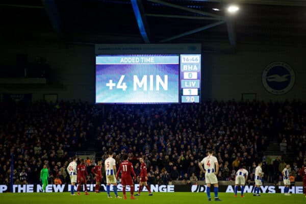 BRIGHTON AND HOVE, ENGLAND - Saturday, January 12, 2019: Brighton's scoreboard displays the added 4 minutes of injury time as it records the 1-0 victory for Liverpool after the FA Premier League match between Brighton & Hove Albion FC and Liverpool FC at the American Express Community Stadium. (Pic by David Rawcliffe/Propaganda)
