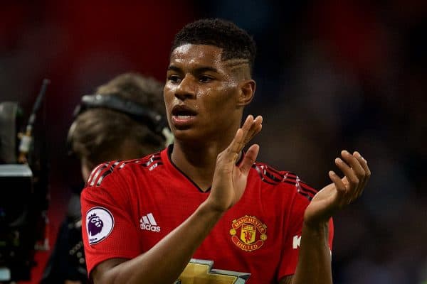 LONDON, ENGLAND - Sunday, January 13, 2019: Manchester United’s match-winning goal-scorer Marcus Rashford celebrates after his side’s 1-0 victory over Tottenham Hotspur after the FA Premier League match between Tottenham Hotspur FC and Manchester United FC at Wembley Stadium. (Pic by David Rawcliffe/Propaganda)