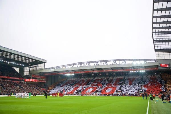 LIVERPOOL, ENGLAND - Saturday, January 19, 2019: Supporters on the Spion Kop form a mosaic “Paisley 100” to celebrate 100 years since the birth of the club’s most successful manager Bob Paisley before the FA Premier League match between Liverpool FC and Crystal Palace FC at Anfield. (Pic by David Rawcliffe/Propaganda)
