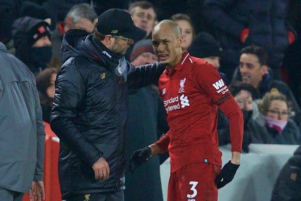 LIVERPOOL, ENGLAND - Saturday, January 19, 2019: Liverpool's Fabio Henrique Tavares 'Fabinho' speaks with manager J¸rgen Klopp after being substituted with an injury during the FA Premier League match between Liverpool FC and Crystal Palace FC at Anfield. (Pic by David Rawcliffe/Propaganda)