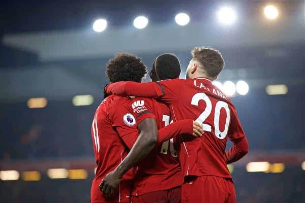 LIVERPOOL, ENGLAND - Saturday, January 19, 2019: Liverpool's Sadio Mane (C) celebrates scoring the fourth goal with team-mates Mohamed Salah (L) and Adam Lallana (R) during the FA Premier League match between Liverpool FC and Crystal Palace FC at Anfield. (Pic by David Rawcliffe/Propaganda)