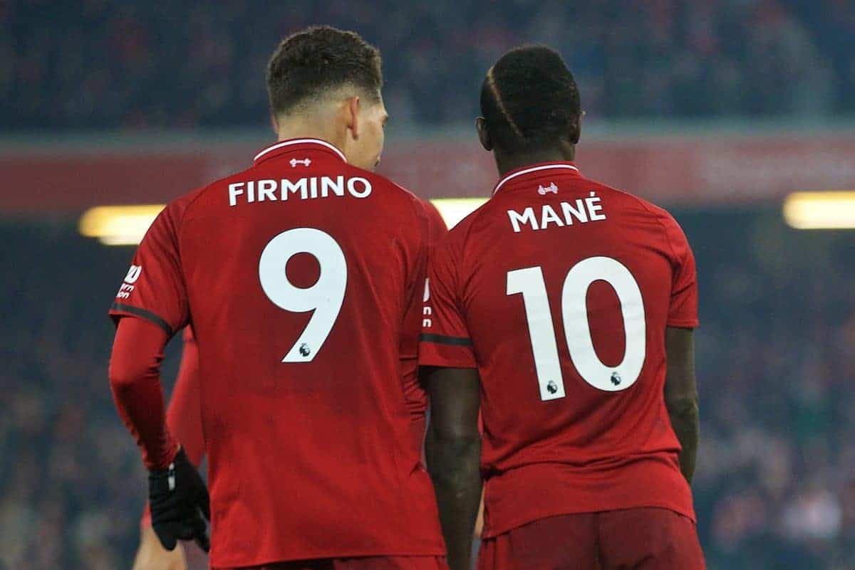 LIVERPOOL, ENGLAND - Saturday, January 19, 2019: Liverpool's Sadio Mane (R) celebrates scoring the fourth goal with team-mate Roberto Firmino during the FA Premier League match between Liverpool FC and Crystal Palace FC at Anfield. (Pic by David Rawcliffe/Propaganda)