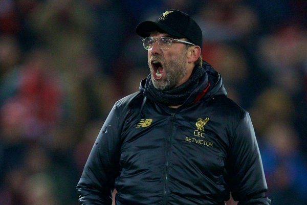 LIVERPOOL, ENGLAND - Saturday, January 19, 2019: Liverpool's manager Jürgen Klopp celebrates after the 4-3 victory over Crystal Palace during the FA Premier League match between Liverpool FC and Crystal Palace FC at Anfield. (Pic by David Rawcliffe/Propaganda)