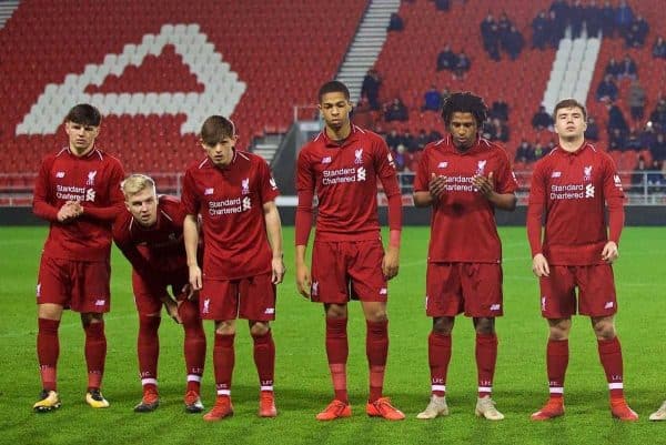 ST HELENS, ENGLAND - Monday, January 21, 2019: Liverpool players line-up before the FA Youth Cup 4th Round match between Liverpool FC and Accrington Stanley FC at Langtree Park. L-R Bobby Duncan, Luis Longstaff, Leighton Clarkson, Elijah Dixon-Bonner, Yasser Larouci, Jack Walls, Abdulrahman Sharif, Remi Savage, Rhys Williams, goalkeeper Jaros Vitezslav, captain Paul Glatzel. (Pic by Paul Greenwood/Propaganda)