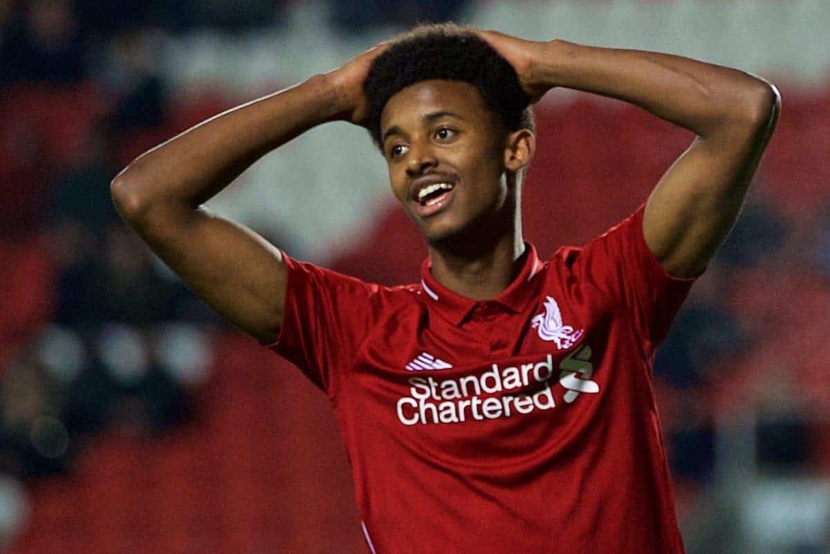 ST HELENS, ENGLAND - Monday, January 21, 2019: Liverpool's Abdulrahman Sharif looks dejected after missing a chance during the FA Youth Cup 4th Round match between Liverpool FC and Accrington Stanley FC at Langtree Park. (Pic by Paul Greenwood/Propaganda)