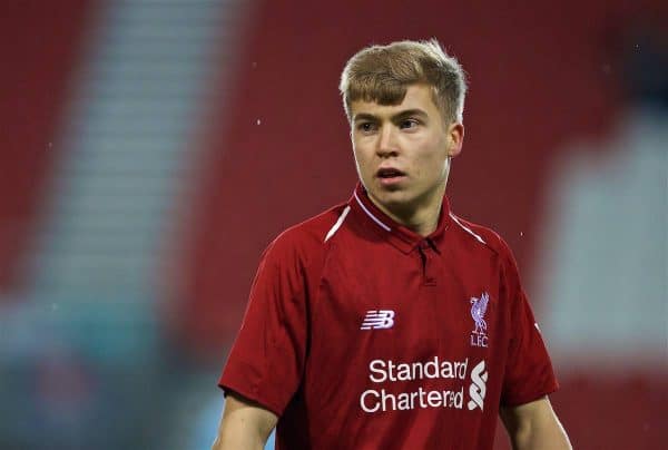 ST HELENS, ENGLAND - Monday, January 21, 2019: Liverpool's substitute Jack Bearne during the FA Youth Cup 4th Round match between Liverpool FC and Accrington Stanley FC at Langtree Park. (Pic by Paul Greenwood/Propaganda)