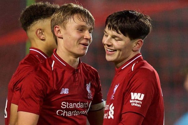 ST HELENS, ENGLAND - Monday, January 21, 2019: Liverpool's captain Paul Glatzel celebrates scoring the fourth goal, completing his hat-trick, with team-mate Bobby Duncan, it was his third hat-trick of the season, during the FA Youth Cup 4th Round match between Liverpool FC and Accrington Stanley FC at Langtree Park. (Pic by Paul Greenwood/Propaganda)