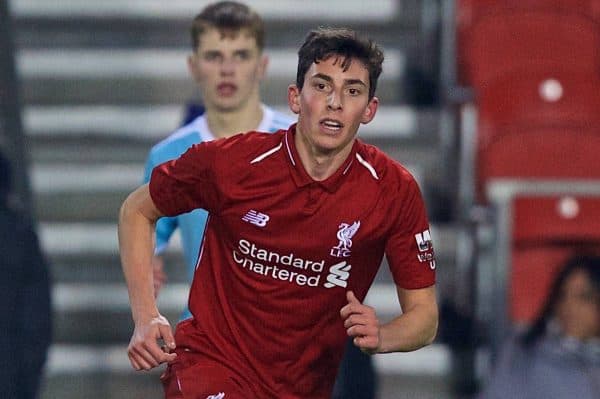 ST HELENS, ENGLAND - Monday, January 21, 2019: Liverpool's substitute Matteo Ritaccio during the FA Youth Cup 4th Round match between Liverpool FC and Accrington Stanley FC at Langtree Park. (Pic by Paul Greenwood/Propaganda)