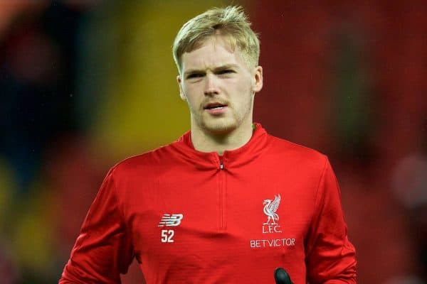 LIVERPOOL, ENGLAND - Wednesday, January 30, 2019: Liverpool's goalkeeper Caoimhin Kelleher during the pre-match warm-up before the FA Premier League match between Liverpool FC and Leicester City FC at Anfield. (Pic by David Rawcliffe/Propaganda)