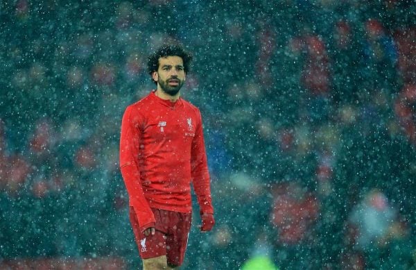 Mohamed Salah, in snow, Anfield, warm-up (Pic by David Rawcliffe/Propaganda)