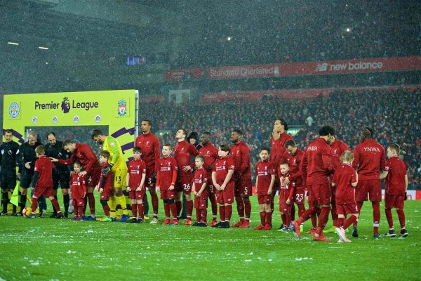 LIVERPOOL, ENGLAND - Wednesday, January 30, 2019: Liverpool players line-up with mascots before the FA Premier League match between Liverpool FC and Leicester City FC at Anfield. (Pic by David Rawcliffe/Propaganda)