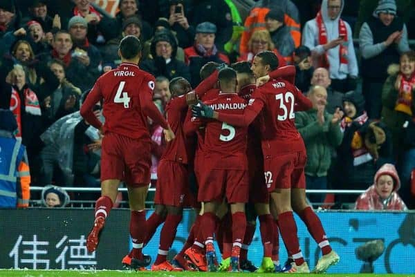 LIVERPOOL, ENGLAND - Wednesday, January 30, 2019: Liverpool's Sadio Mane celebrates scoring the opening goal with team-mates during the FA Premier League match between Liverpool FC and Leicester City FC at Anfield. (Pic by David Rawcliffe/Propaganda)