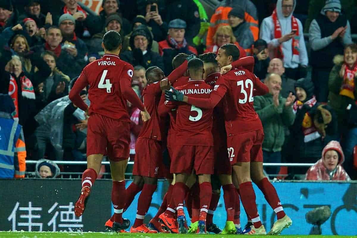 LIVERPOOL, ENGLAND - Wednesday, January 30, 2019: Liverpool's Sadio Mane celebrates scoring the opening goal with team-mates during the FA Premier League match between Liverpool FC and Leicester City FC at Anfield. (Pic by David Rawcliffe/Propaganda)