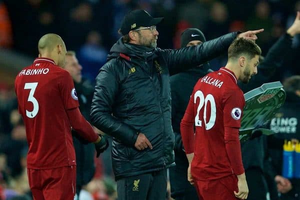 LIVERPOOL, ENGLAND - Wednesday, January 30, 2019: Liverpool's manager J¸rgen Klopp prepares to bring on substitutes Fabio Henrique Tavares 'Fabinho' and Adam Lallana during the FA Premier League match between Liverpool FC and Leicester City FC at Anfield. (Pic by David Rawcliffe/Propaganda)