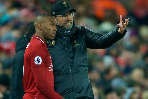 LIVERPOOL, ENGLAND - Wednesday, January 30, 2019: Liverpool's manager Jürgen Klopp prepares to bring on substitute Daniel Sturridge during the FA Premier League match between Liverpool FC and Leicester City FC at Anfield. (Pic by David Rawcliffe/Propaganda)