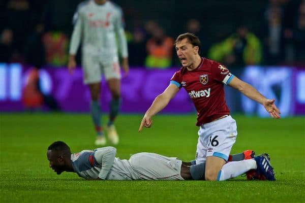 LONDON, ENGLAND - Monday, February 4, 2019: West Ham United'ss captain Mark Noble protests after fouling Liverpool's Naby Keita during the FA Premier League match between West Ham United FC and Liverpool FC at the London Stadium. (Pic by David Rawcliffe/Propaganda)